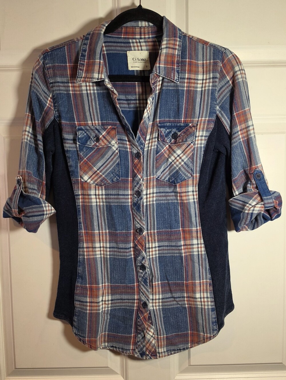 Ci Sono Blue & Rust Plaid Button-Up Shirt Cotton S